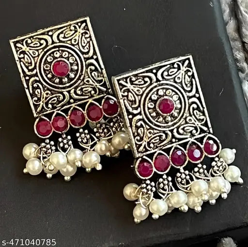 Maroon Stone & Pearl Oxidised Silver Floral Drop Earrings