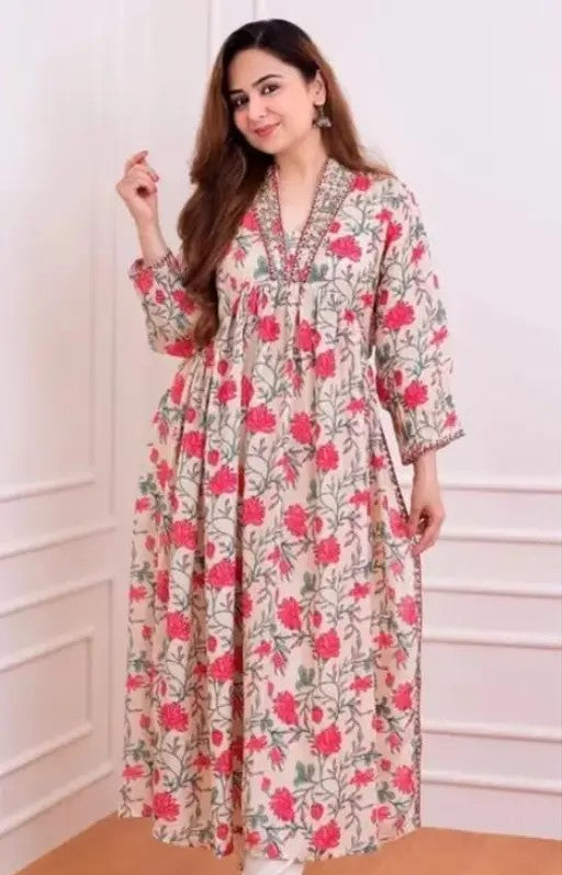 Nayra Cut Floral Print Mirror Work Kurti Pant Set